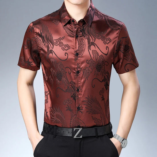 Mens Fashion Pattern Silk Shirt Summer Male Casual Dress Short Sleeve Satin Soft Dresses Shirts Free Shipping