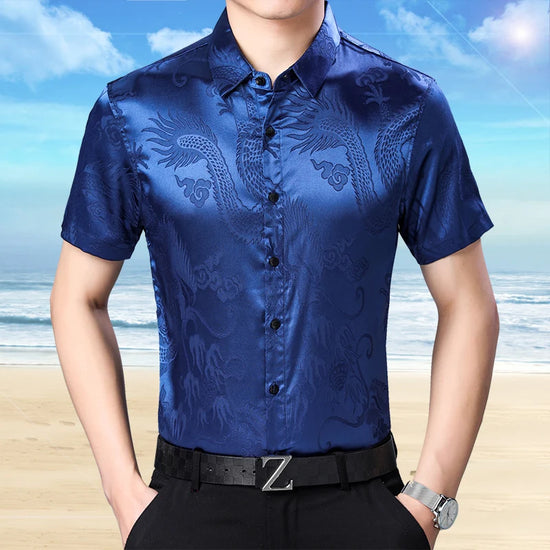 Mens Fashion Pattern Silk Shirt Summer Male Casual Dress Short Sleeve Satin Soft Dresses Shirts Free Shipping