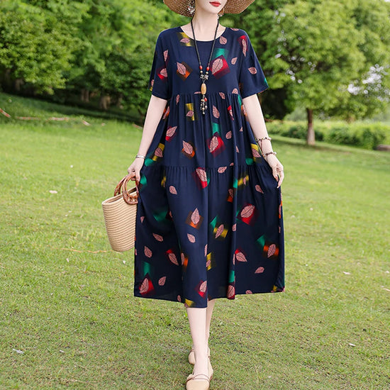 New Arrival Fashion Casual Summer Dresses For Women Clothing Plus Size 2024 Loose O-neck Printing Flower Dress