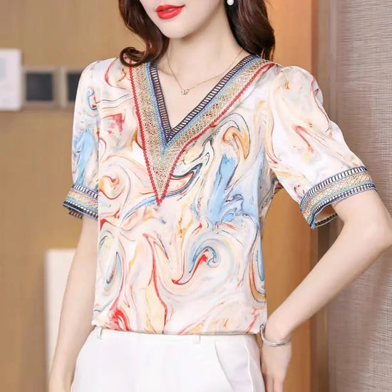 New Fashion T-shirt Tops in Summer High-end V-neck Satin Print Splicing Fashion Trendy Women&