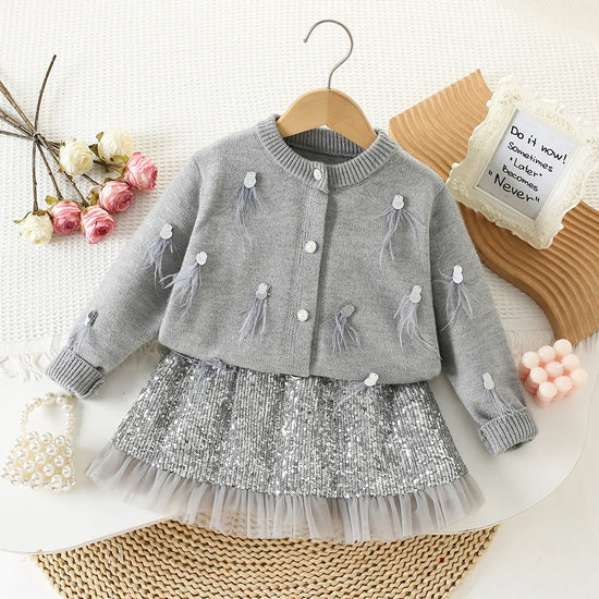 New Fashion Kids Clothes Korean Style For Girls Autumn Winter Trendy Cardigan Coat Tops Withe Sequins Skirts Children&
