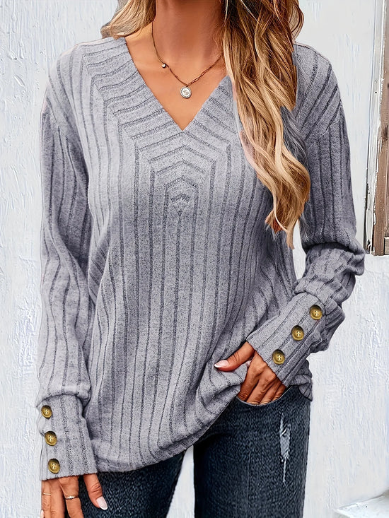 Western-Style Fashion: New Arrival — Solid-Color, Long-Sleeve V-Neck T-Shirt with Brushed Ribbed Texture and Button-Detail Sleev