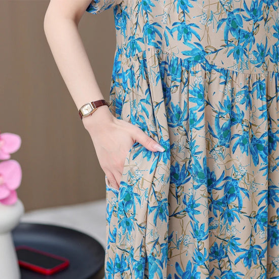 New Fashion 2025 Summer Dresses For Women Vintage Casual Short Sleeve O-Neck Printing Loose Floral Dress Women Clothes