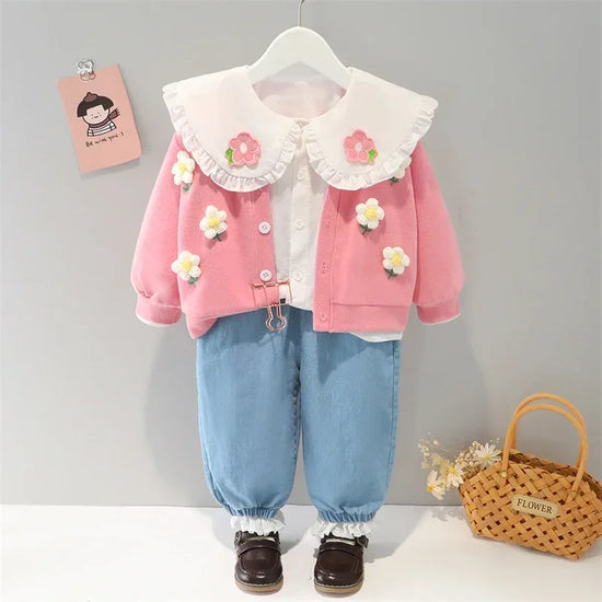 Children Clothing Sets Spring Autumn Baby Girls Coats Shirt Jeans Infant Clothes Outfits Toddler Kids Floral Princess Costume