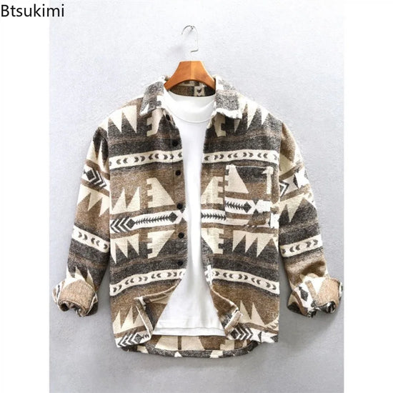 Mens Fashion Vintage Shirts Color-blocked Thick Brushed Long-sleeved Shirts Lapel Casual Pockets Loose Tops Single-breasted Coat