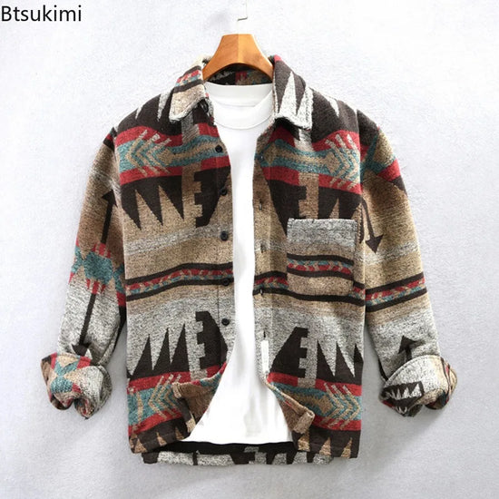 Mens Fashion Vintage Shirts Color-blocked Thick Brushed Long-sleeved Shirts Lapel Casual Pockets Loose Tops Single-breasted Coat