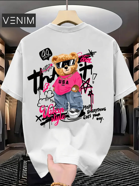 Best-selling Fashion Cute Bear Print 100% Cotton Trendy Men T-shirt Summer Daily Outdoor Sports Casual Loose Street Short-sleeve