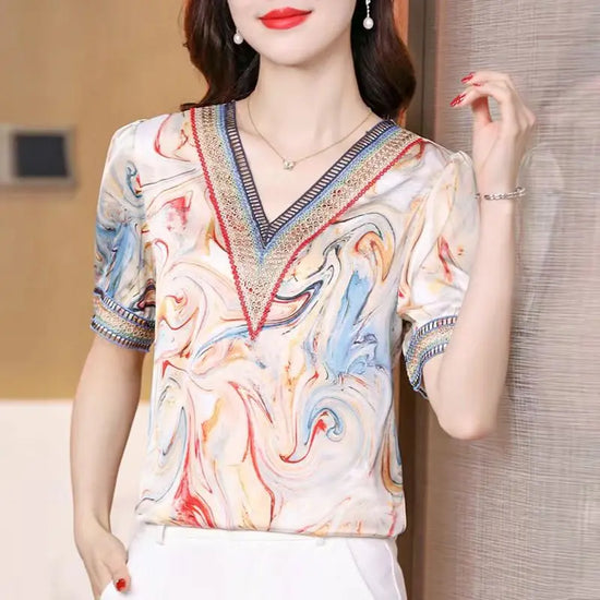 New Fashion T-shirt Tops in Summer High-end V-neck Satin Print Splicing Fashion Trendy Women&